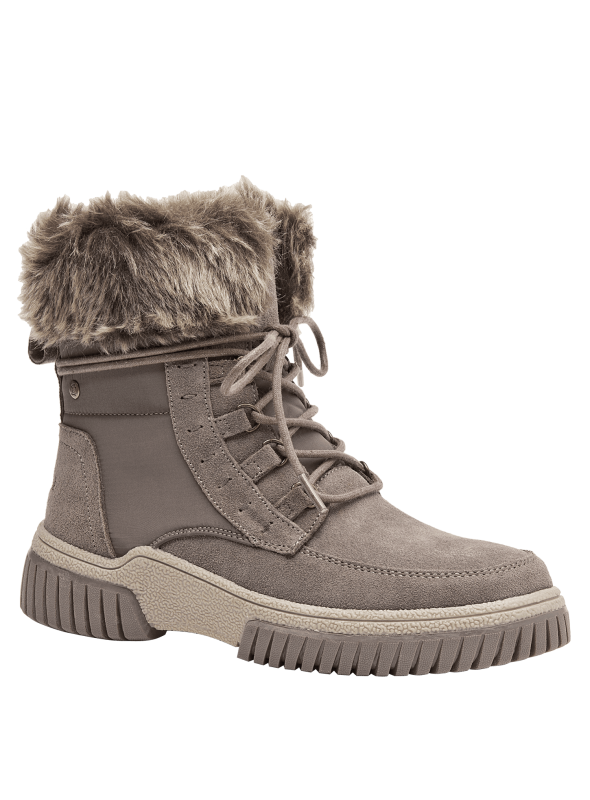 Botín de cuero taupe para mujer con detalles de pelo sintético, ideal para climas fríos y estilo casual elegante.