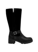 Calzado femenino de cuero negro, bota de caña alta con detalles modernos y soporte excelente para la pierna.