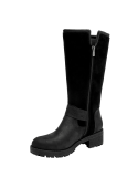 Bota de cuero negro con costuras visibles, diseño estilizado para mujer, perfecta para terrenos resbaladizos.