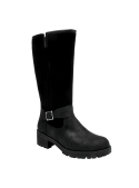 Bota de cuero negro de mujer, estilo vestir, con caña alta y hebilla decorativa en el empeine, ideal para uso diario.