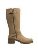 Bota de cuero camel, caña alta para protección contra el frío, diseño sencillo y funcional para diversas condiciones.