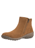 Calzado botín camel de cuero femenino, estilo moderno con correa elástica y costuras visibles, cómodo y versátil.