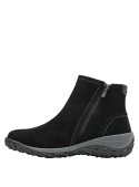 Botín casual de cuero negro para mujer con correa elástica y patrón antideslizante, combinando estilo y funcionalidad.