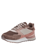 zapatilla de cuero y textil café para mujer, cordones integrados para ajuste seguro y secciones de gamuza duraderas.