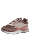 zapatilla de cuero y textil café para mujer, cordones integrados para ajuste seguro y secciones de gamuza duraderas.