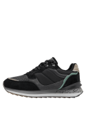 Zapatilla negra femenina con empeine de malla y gamuza, ventilación y durabilidad para un estilo casual.