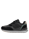 Zapatilla negra femenina con empeine de malla y gamuza, ventilación y durabilidad para un estilo casual.