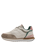 Zapatilla de mujer en beige, mezcla de malla y gamuza, suela robusta para tracción y soporte en diversas superficies.