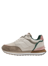 Zapatilla de mujer en beige, mezcla de malla y gamuza, suela robusta para tracción y soporte en diversas superficies.