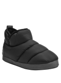 Pantufla negra de mujer, estilo casual y diseño tipo botín, ideal para interiores, con suela resistente para buen agarre.