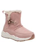 Bota rosada casual para niña con diseño abrigador, forro de tela peluda y cierre de botón lateral con cuerda elástica.