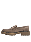 Mocasín robusto de cuero taupe para mujer, estilo casual, rústico, suela antimpacto, cómodo y moderno.