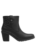 Botín de cuero negro para mujer, con taco medio y suela antideslizante, diseñado para comodidad y uso prolongado.