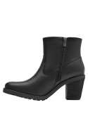Botín negro de cuero para mujer, estilo urbano con tachas y costuras, ideal para un look sofisticado.