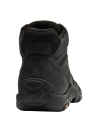 Botín masculino en cuero negro, diseñado para resistencia y durabilidad, con ojales metálicos y cordones entrelazados.