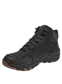 Botín de cuero negro para hombre, ideal para exteriores, con suela gruesa que ofrece excelente agarre en cualquier terreno.