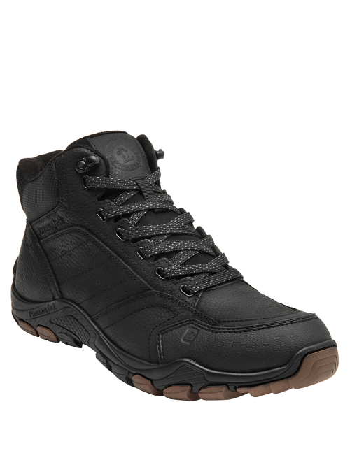 Botín negro de hombre en cuero, diseñado para actividades outdoor, con caña alta que protege el tobillo y cordones firmes.