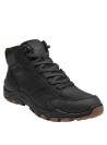 Botín negro de hombre en cuero, diseñado para actividades outdoor, con caña alta que protege el tobillo y cordones firmes.