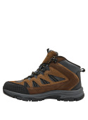 Calzado de senderismo café para hombre, cuero y textil, con refuerzos. Ideal para aventuras al aire libre.