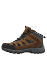 Calzado de senderismo café para hombre, cuero y textil, con refuerzos. Ideal para aventuras al aire libre.