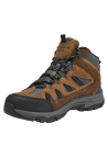 Bota de trekking café para hombre, confeccionada en cuero y textil, ofrece tracción y ajuste seguro con cordones reforzados.
