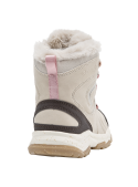 Bota beige con suela antideslizante de patrón definido, asegurando buen agarre en superficies irregulares.