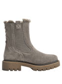 Botín Chelsea taupe de cuero para mujer, con ajuste cómodo y forro peludo, perfecto para un look casual.