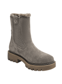 Elegante botín taupe Chelsea de cuero para mujer, con textura de gamuza y diseño urbano versátil.