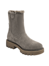 Elegante botín taupe Chelsea de cuero para mujer, con textura de gamuza y diseño urbano versátil.
