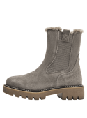Botín Chelsea taupe de cuero para mujer con elástico lateral y borde peludo, ideal para climas fríos.