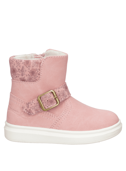 Bota rosada casual para niña con diseño robusto, cierre lateral y hebilla decorativa, ideal para días fríos.