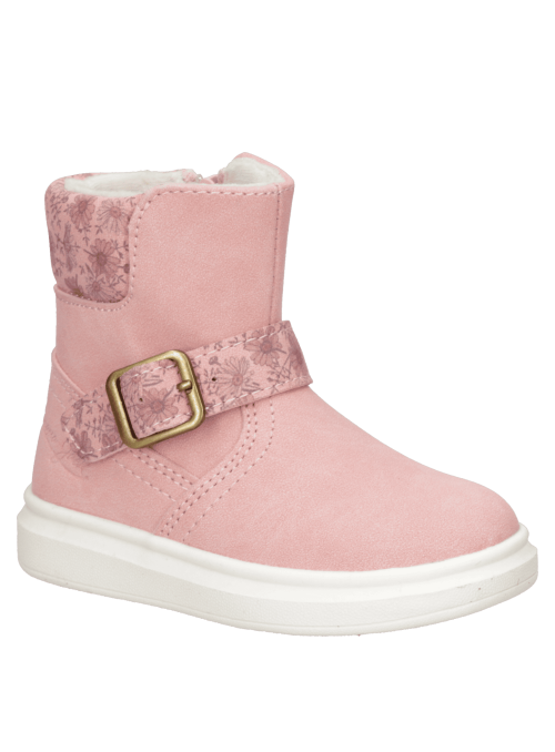 Bota rosada casual para niña con diseño robusto, cierre lateral y hebilla decorativa, ideal para días fríos.