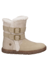 Bota beige con detalles de correas y costura, estilo casual para invierno, suela gruesa proporciona estabilidad.