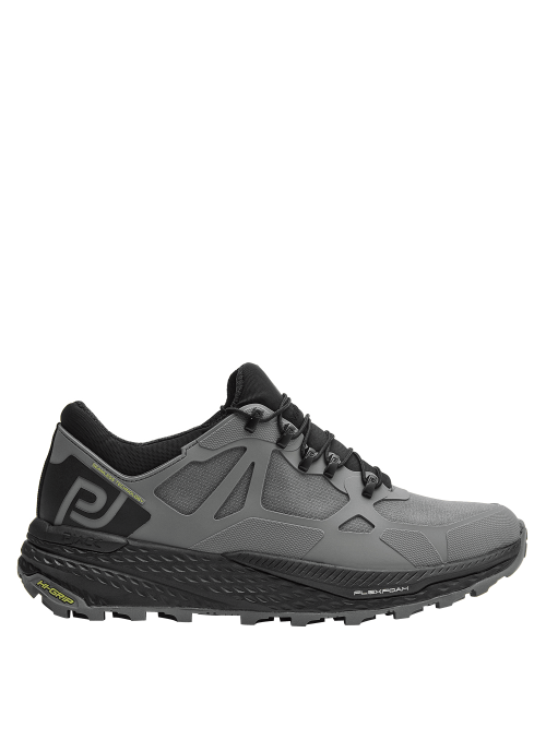 Zapatilla gris para hombre, estilo trail running, ideal para actividades al aire libre, con malla reforzada.