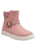 Calzado casual rosado de media caña para niña, con detalles florales, ideal para un look relajado y estiloso.