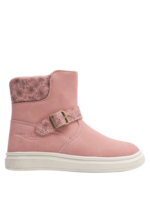 Calzado casual rosado de media caña para niña, con detalles florales, ideal para un look relajado y estiloso.