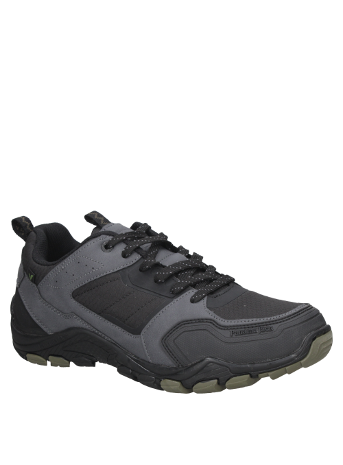 Zapatilla atlética gris para hombre, con paneles de caucho que brindan soporte adicional en áreas de mayor desgaste.