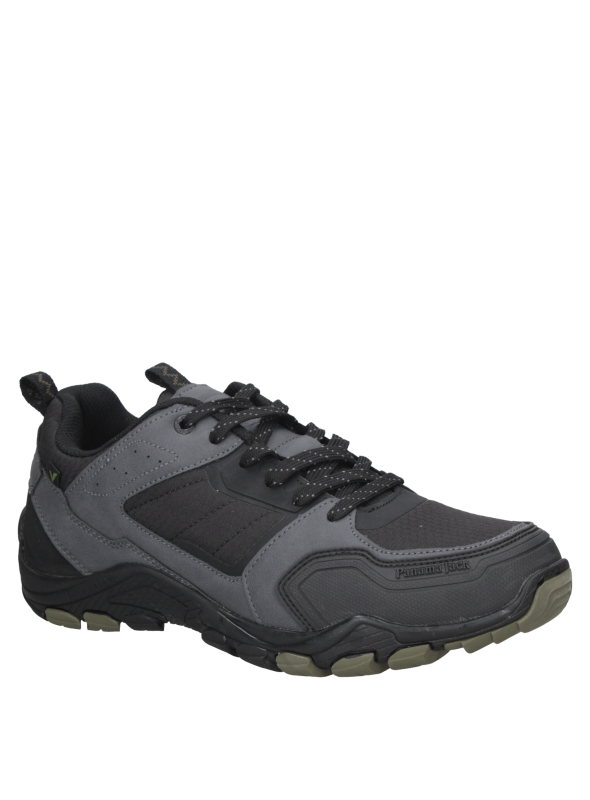 Zapatilla atlética gris para hombre, con paneles de caucho que brindan soporte adicional en áreas de mayor desgaste.