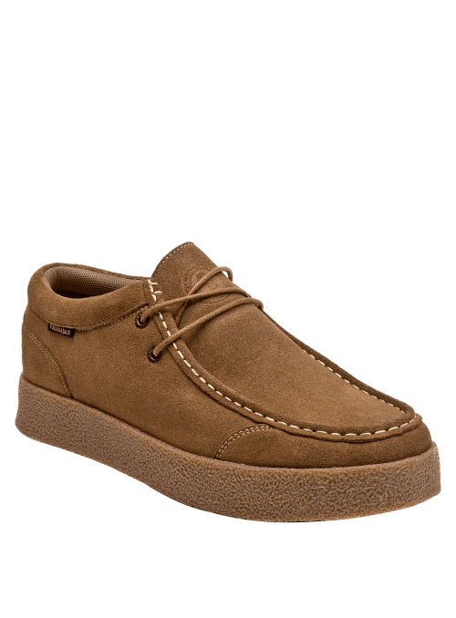 Botín casual taupe de cuero gamuza, costuras visibles, perfecto para salidas informales.