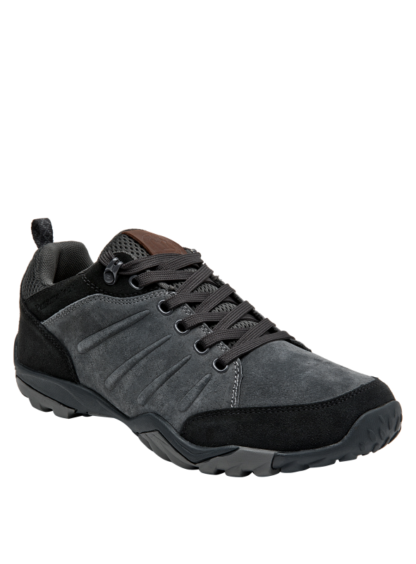 zapatilla gris versátil de cuero con diseño robusto para actividades al aire libre