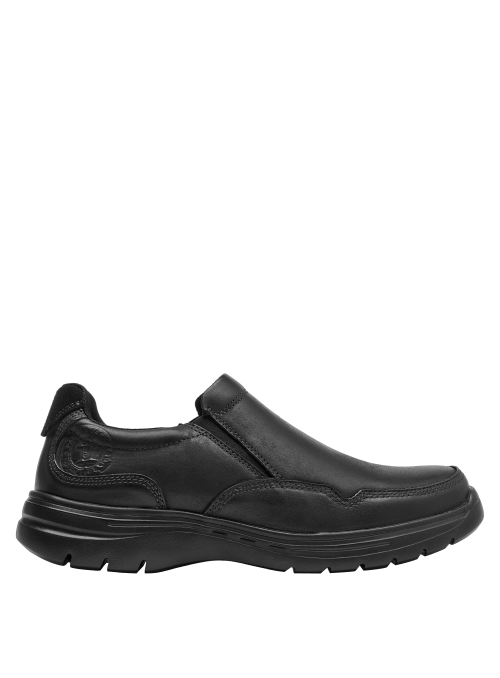Zapato slip-on de cuero negro, diseño sobrio y funcional para eventos semiformal.