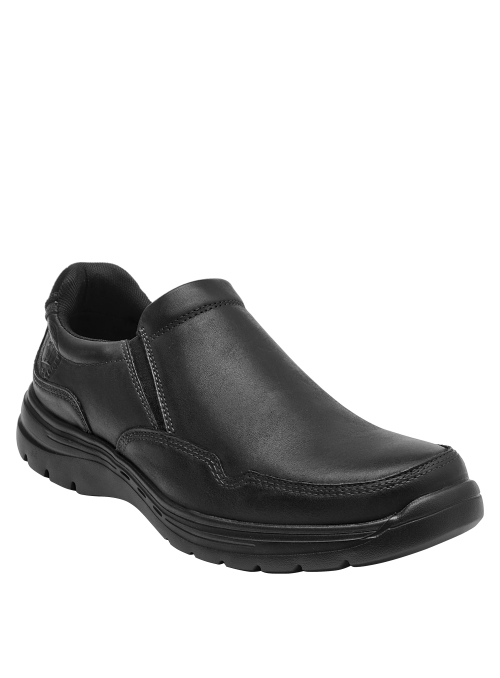 Zapato slip-on de cuero negro, diseño sobrio y funcional para eventos semiformal.