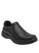 Zapato slip-on de cuero negro, diseño sobrio y funcional para eventos semiformal.