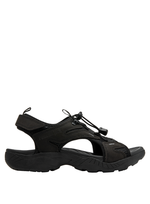 sandalia estilo athleisure de cuero negro, combinando durabilidad con moda urbana casual.