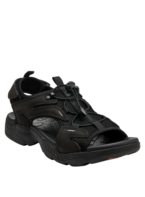 sandalia estilo athleisure de cuero negro, combinando durabilidad con moda urbana casual.