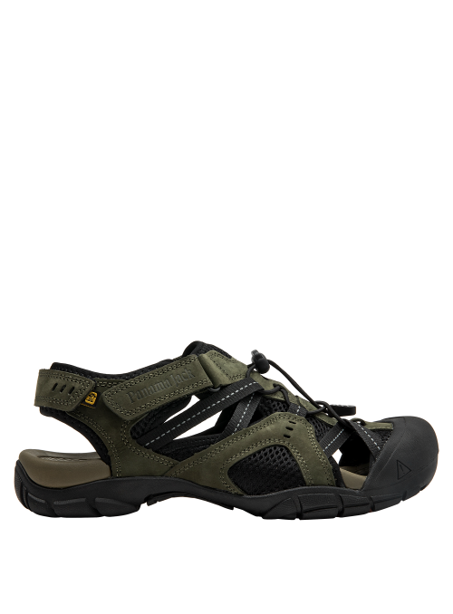 Sandalia masculina verde de cuero, combinada con malla negra, diseñada para comodidad y estilo en caminatas.