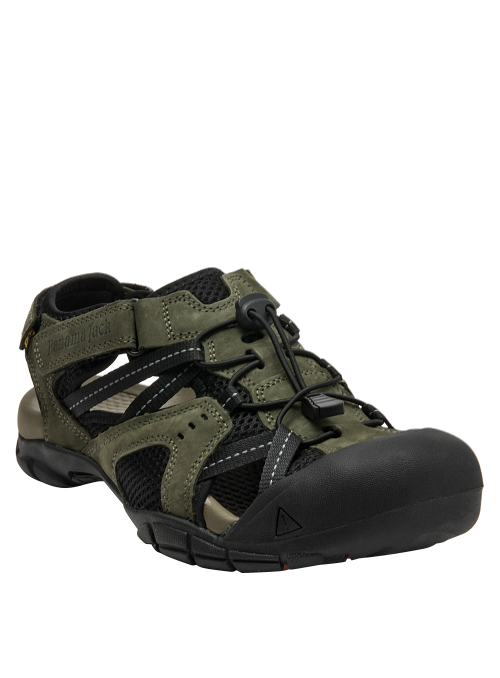 Sandalia masculina verde de cuero, combinada con malla negra, diseñada para comodidad y estilo en caminatas.