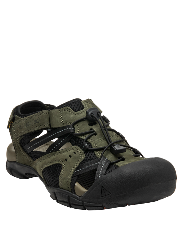 Sandalia masculina verde de cuero, combinada con malla negra, diseñada para comodidad y estilo en caminatas.