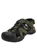 Sandalia verde oliva de cuero para hombre, ideal para actividades al aire libre, con ajuste de cordones elásticos.