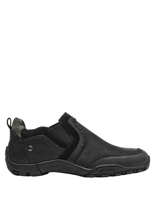 elegante zapatilla de cuero negro para mujer, sin cordones, con contraste de texturas en gamuza